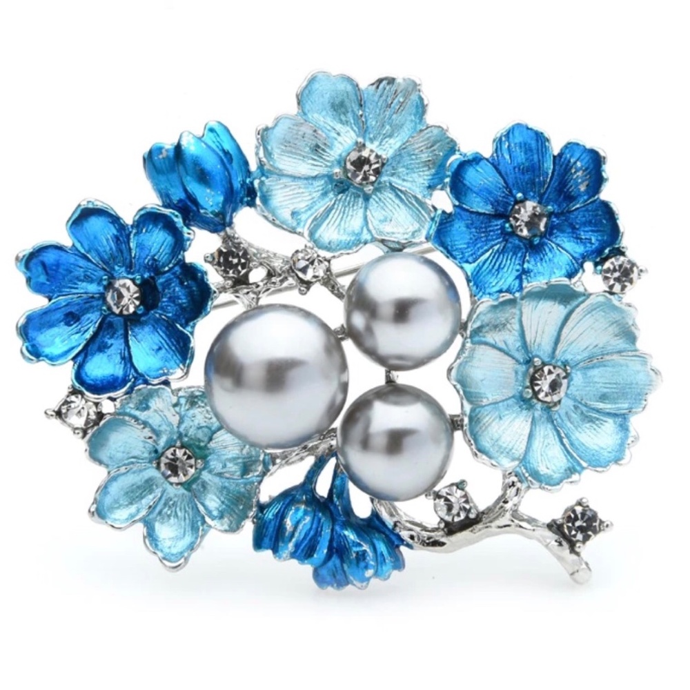 Lovely Blue Enamel Flowers with Grey Pearls silvertone Costume Brooch Brooch